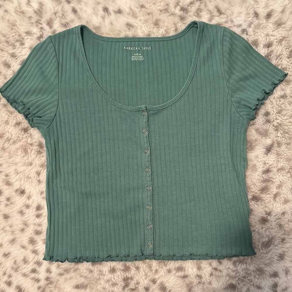 American Eagle Outfitters Green Ribbed Button-Up Top